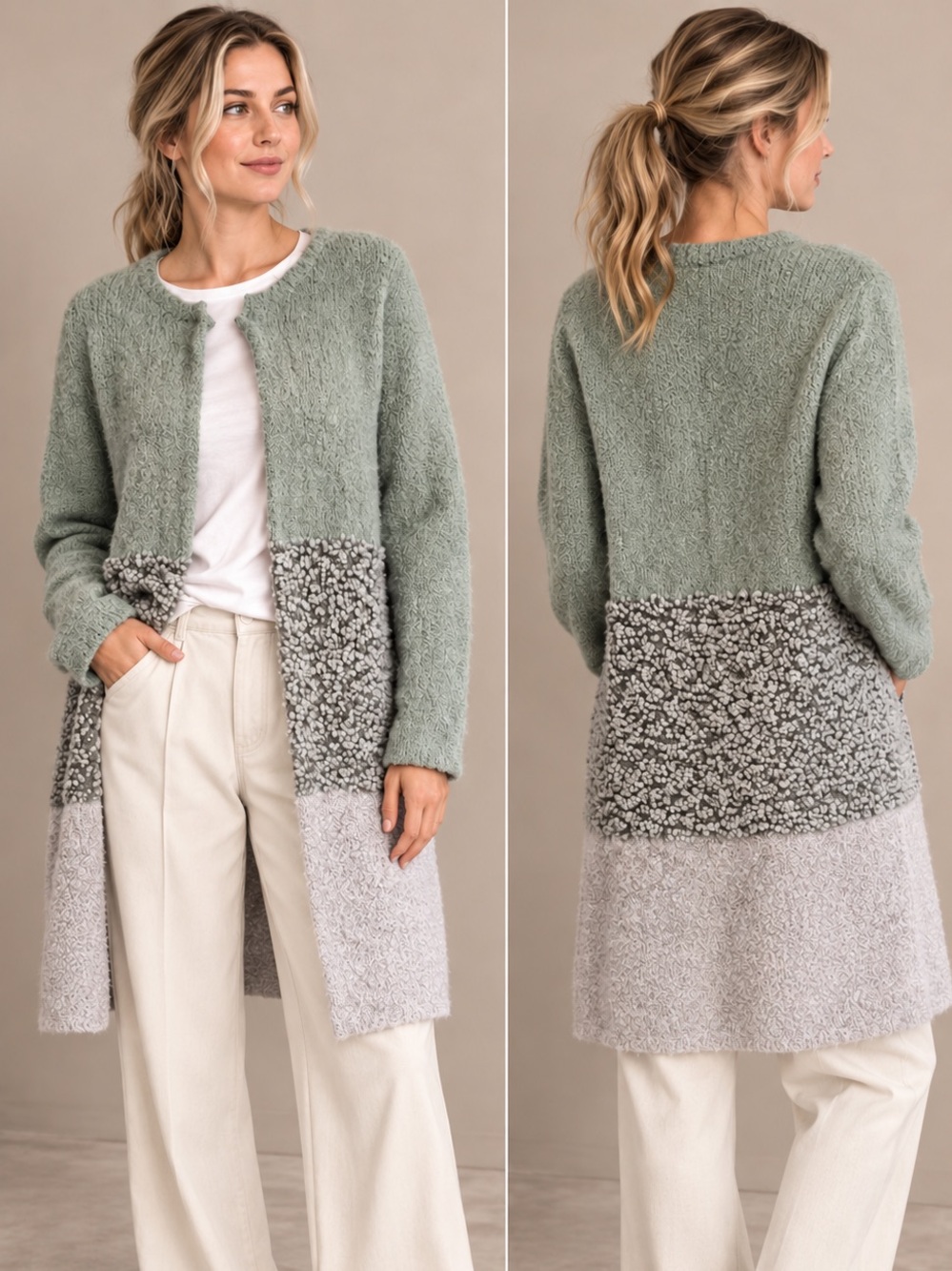 Sandwich Colour Block Multi-Textured Long Cardigan in Fern.  - Like New